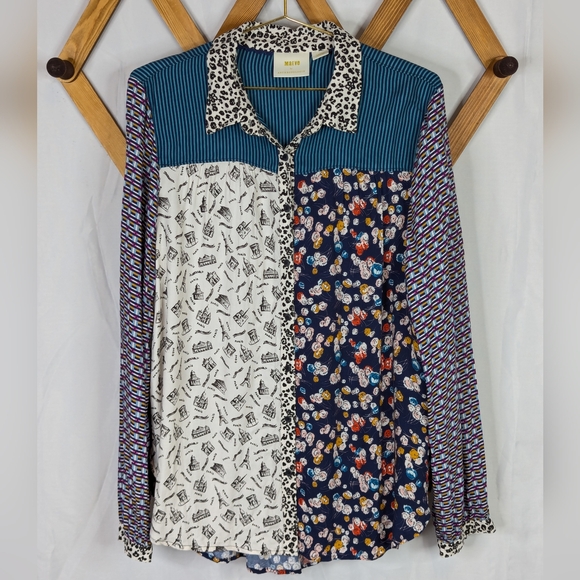 Anthropologie Maeve The Paz Mixed Print Eiffel Tower Button Up Top - Size Large - Picture 3 of 9